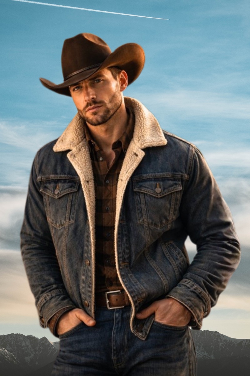 Beau Kingsley — a rugged cowboy in a brown hat and sherpa-lined denim jacket against a Montana sky