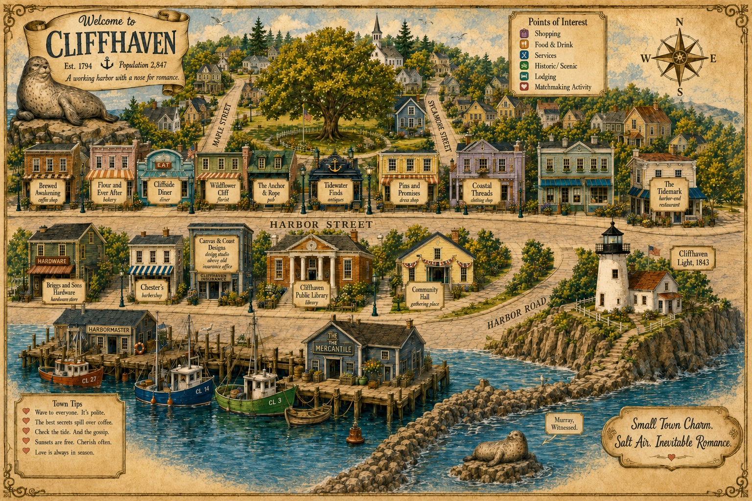 Illustrated map of Cliffhaven, Maine — Harbor Street shops, the public library, community hall, working harbor and the 1843 lighthouse